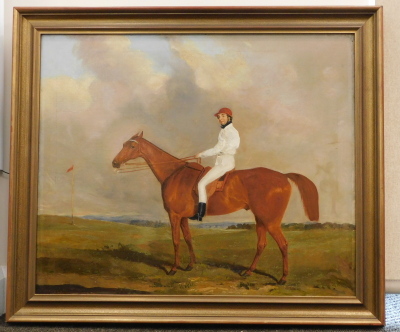 Joseph Dunn (1806-1860). Racehorse with jockey wearing white silks and red cap, signed and dated (18)43, 68cm x 75cm. - 2