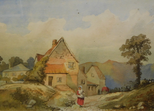 19thC School. Figure before cottage and tree on a summers day, watercolour, unsigned, 24cm x 33.5cm.