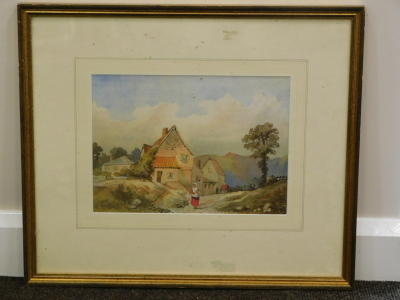 19thC School. Figure before cottage and tree on a summers day, watercolour, unsigned, 24cm x 33.5cm. - 2