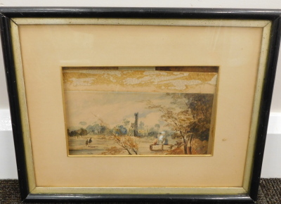 19thC English School. Boat and figures in building, watercolour, indistinctly signed, 13cm x 20cm. - 2