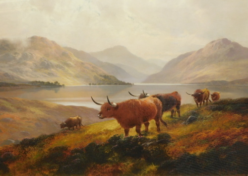 Henry Robertson Hall (1859-1927). Highland scene, cattle before loch and mountains, with clouds gathering, oil on canvas, signed, 63cm x 92cm.