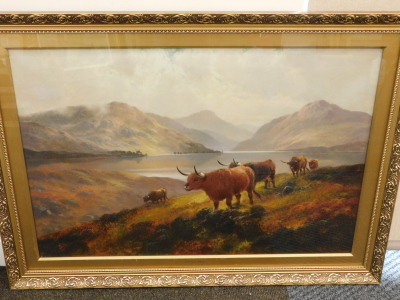 Henry Robertson Hall (1859-1927). Highland scene, cattle before loch and mountains, with clouds gathering, oil on canvas, signed, 63cm x 92cm. - 2