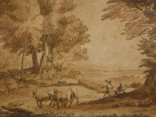 Claude Lorraine. Rural landscape with figures and cattle, brown ink, titled on mount, 16.5cm x 21.5cm.