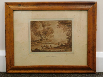 Claude Lorraine. Rural landscape with figures and cattle, brown ink, titled on mount, 16.5cm x 21.5cm. - 2