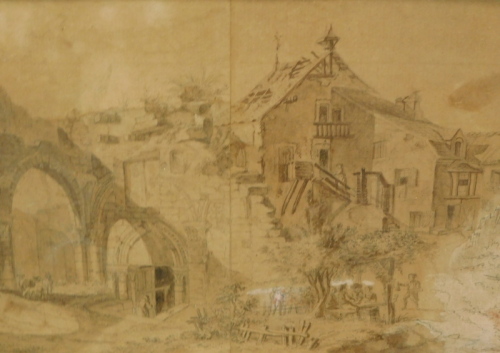 J.B. Le Prince. Village and abbey ruin - with figures, hand coloured etching, titled to the mount, 17cm x 29.5cm.