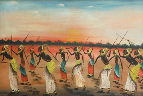 Madimba (African, 20thC). Tribal figures with spears in dance, oil on canvas, 47cm x 68cm.