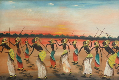 Madimba (African, 20thC). Tribal figures with spears in dance, oil on canvas, 47cm x 68cm.