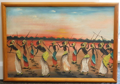 Madimba (African, 20thC). Tribal figures with spears in dance, oil on canvas, 47cm x 68cm. - 2