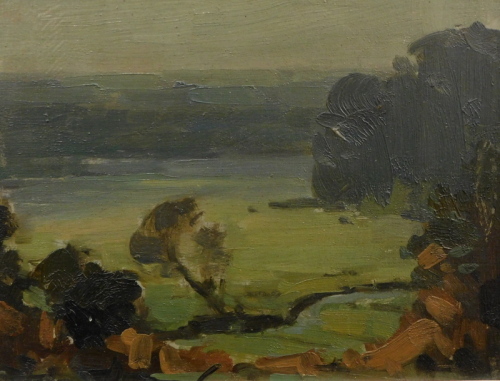 Herbert Rollett (1872-1932). Subdued landscape, oil on board, 17cm x 22cm. Labelled verso.