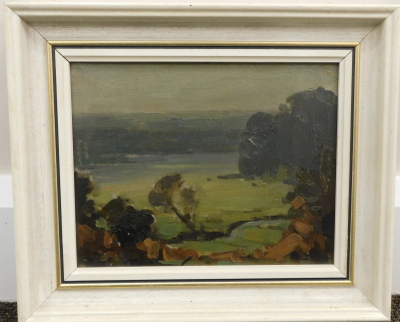 Herbert Rollett (1872-1932). Subdued landscape, oil on board, 17cm x 22cm. Labelled verso. - 2