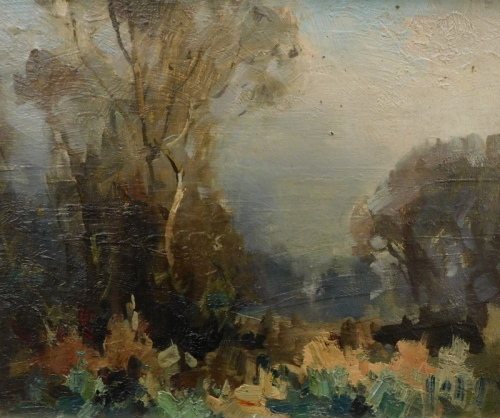 Herbert Rollett (1872-1932). Subdued landscape, oil on board, 17cm x 22cm. Labelled verso.