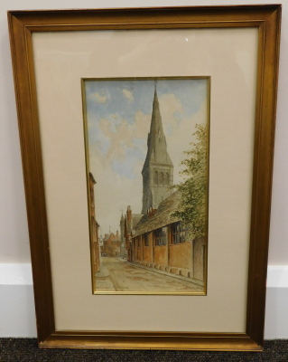 Albert Henry Findley (1880-1975). Old Town Hall, St. Martin's Church, Leicester, watercolour, signed and titled, 31cm x 16cm. - 2