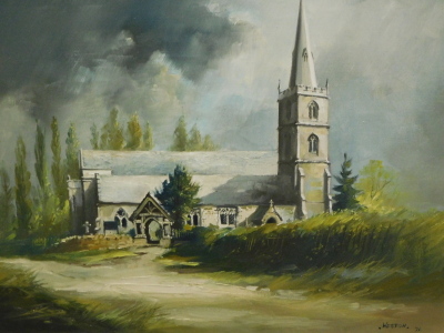 David Weston (1935-2011). Church with clouds gathering, oil on canvas, signed and dated (19)71, 41cm x 50cm.