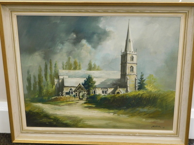 David Weston (1935-2011). Church with clouds gathering, oil on canvas, signed and dated (19)71, 41cm x 50cm. - 2