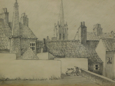 Joan Lewis. Louth from the car park Aswell Street, 1971, pencil, 18cm x 26cm. Usher Gallery label verso.