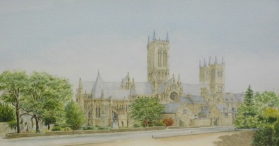 R.G. Barton (20thC). Lincoln Cathedral from the Eastgate Hotel, watercolour, signed, 35cm x 70cm.
