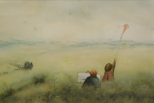 Lynne Ella (20thC English School). The artist and the kite flyer, watercolour, titled and attributed verso, 24cm x 40cm.