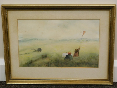 Lynne Ella (20thC English School). The artist and the kite flyer, watercolour, titled and attributed verso, 24cm x 40cm. - 2
