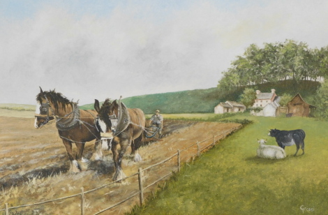 Grossi (20thC Lincoln School). Figure ploughing before a farmhouse and trees on a summers day, oil on board, signed, 39cm x 60cm, various other works by Grossi (a quantity).