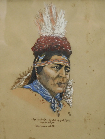 G.E.E. (Early 20thC School). Asa Dak Lugie greatest of great Chiefs Apache nation, portrait head and shoulders profile facing dexter, watercolour, initialled, 28cm x 21cm.