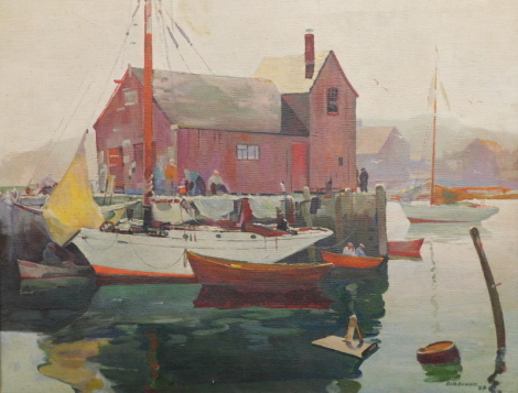 Bill Brown (American, fl.1949). Rockport Mass., USA artist colony, acrylic on canvas, signed, 43cm x 50cm.