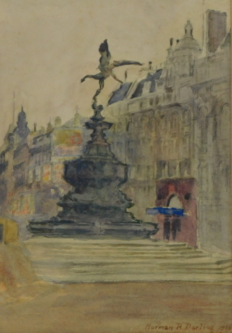 Norman R. Darling (19thC/20thC). Eros, Picadilly Circus, London, watercolour, signed and dated 1934, 25cm x 17.5cm.