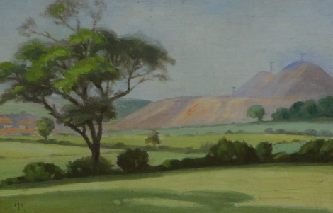 N.J. (20thC). Landscape with mining, oil on board, monogrammed, 20cm x 28.5cm Label verso Rowley, Church Street, Kensington.