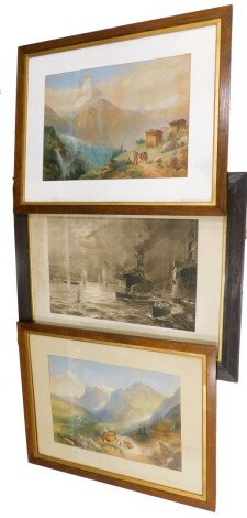 After Walter Thomas. British Forces Landing at The Dardanelles, April 1915, monochrome print, signed in pencil, and a pair of 19thC School alpine views, chromolithographs, a pair. (3)