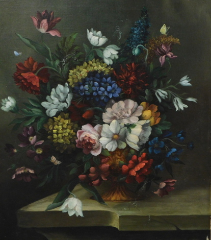 19thC Dutch School. Still life, vase of flowers on a table, being peony, buddleia, poppy, anemone, campanula , chrysanthemum, etc., oil on canvas, unsigned, 77cm x 63cm.