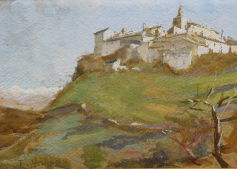 F. Hunter (early 20thC School). Spanish village, gouache, signed, 16cm x 24cm