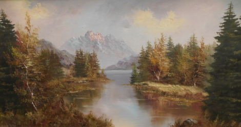 L. Kibbett (?) (20thC Continental School). Meandering river and trees before mountains, oil on canvas, signed, 40cm x 79cm.