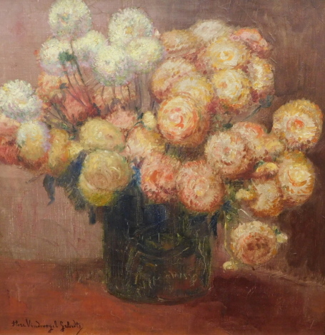 Flore Vindevogel-Geleedts (1866-1938). Still life, flowers in a vase, oil on canvas, signed, 46cm x 46cm.