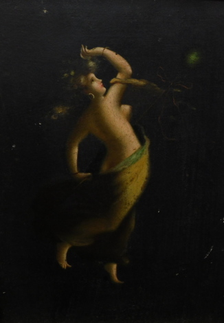 20thC School. Dancing lady - allegorical, oil on board, 29.5cm x 21cm.