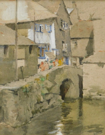 R.M.S. (early 20thC Newlyn School). Figures on a bridge before houses, watercolour, initialled, 23cm x 19cm.