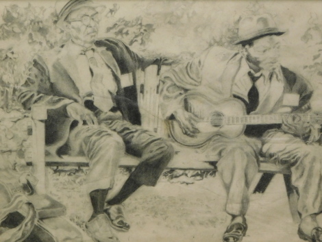 Jen Palmer (20thC). Musicians on a bench, pencil, signed, 221cm x 29cm, and another, musician smoking aside guitar (each signed) (2)