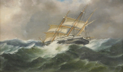 Francesco di Simone (19thC Neapolitan School). Ship on rough seas, oil on canvas, signed, labelled verso, 25cm x 39cm.