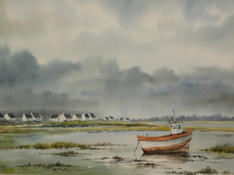 Yann Lefrancois (b.1944). Marshland boats before houses, with clouds gathering, watercolour, signed, 44cm x 51cm