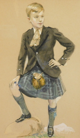 Kenneth Greene (1905-1986). Portrait of David Carritt as a young boy, standing in kilt, watercolour, signed, 66cm x 42cm. Chapman Brothers label verso.