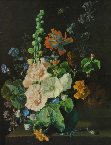 After Van Huysum. Flowers in a vase, print, 60cm x 49cm, with a giltwood frame of swept rectangular form with scrolls broken by shells and further scrolls, 97cm x 63cm.