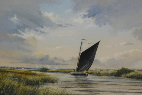 A.D. Beresford (20thC). Way on the Thurne, oil on board, signed, titled and dated 1988 verso, 23cm x 34cm Artist Gallery label verso.