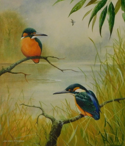 John Lewis Fitzgerald (b.1945). Kingfishers and woodland scene watercolours, mounted in a double sided brass firescreen with shaped handle and urn finials on scroll feet, 86cm high, 55cm wide, 21cm deep.