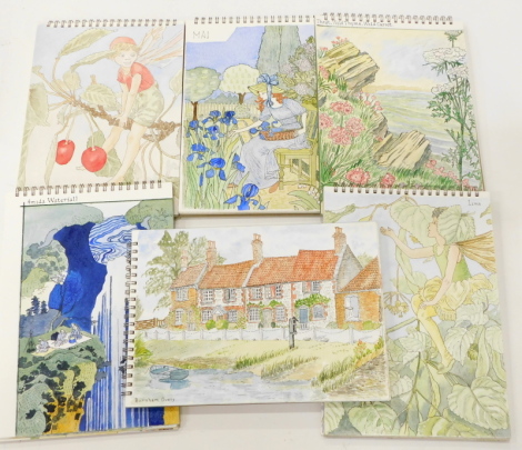 20thC School. Six watercolour sketch books, Flower Fairies, Waterfalls and Watersides, Wildflowers Norfolk, La Belle Jardiniere, Fairies circa 1996 (6).