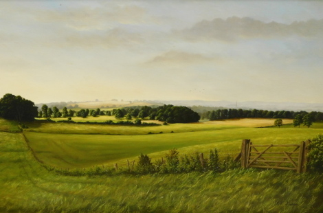 A.W. Meadows (20thC English School). Landscape fields before hills on a summers day, oil on canvas, signed and another Deer on a misty morning, oil on canvas, 51cm x 71cm (2).