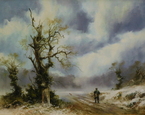 John Trickett (b.1953). Winter scene, farmer on a path, clouds gathering, oil on canvas, signed, 64cm x 83cm.