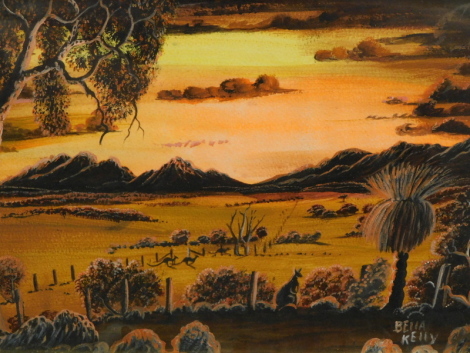 Bella Kelly (1959-1994). Australian bush scene, kangaroos and trees before mountains on a twilight evening, watercolour, signed, 25cm x 36cm.
