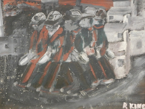 Richard King (20thC Welsh School). Miners going to the pit, oil on board, signed, 31cm x 39cm.