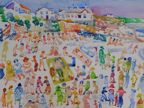 Fred Yates (1922-2008). Crowded beach scene, before houses, watercolour, signed, 58cm x 73cm.