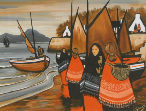 Martin (J.P. Rooney) Hasson (b.1950). Figures before boats on calm waters and hills, acrylic, signed Rooney, 40cm x 46cm.