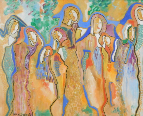 Harry Charles Tim. Figures, gouache, signed, 45cm x 55cm.