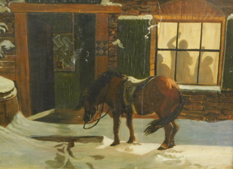 20thC Continental School. A snow scene, horse before tavern with figures in side, oil on canvas unsigned, 46cm x 59cm.